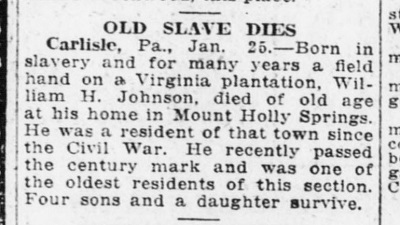 1919 Death notice for William Johnson, a formerly enslaved resident of Mount Holly Springs.
